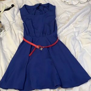 Blue dress with red belt